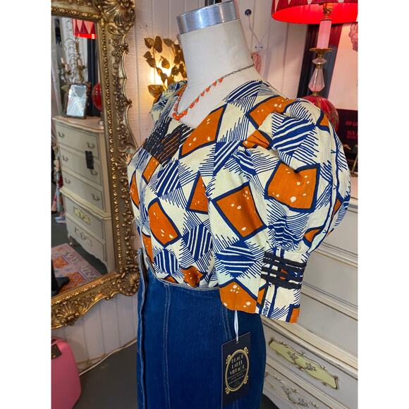 vintage block print cotton blouse huge puff sleeves African geometric top med 34 - Picture 6 of 8